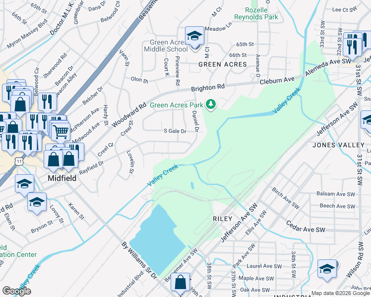 map of restaurants, bars, coffee shops, grocery stores, and more near 1108 Daniel Drive in Birmingham