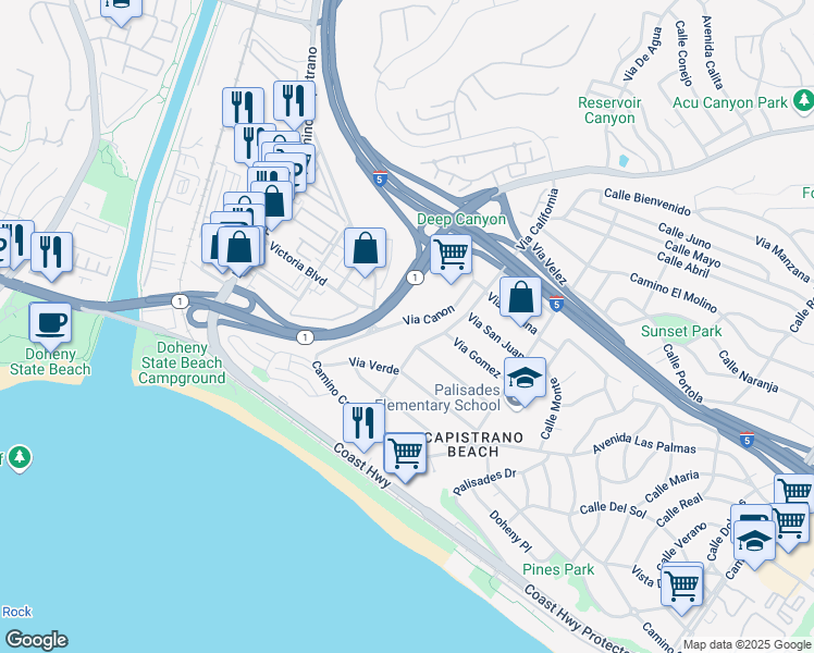 map of restaurants, bars, coffee shops, grocery stores, and more near 26246 Via Canon in Dana Point