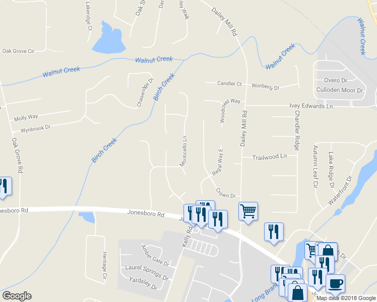 map of restaurants, bars, coffee shops, grocery stores, and more near 722 Monticello Lane in McDonough