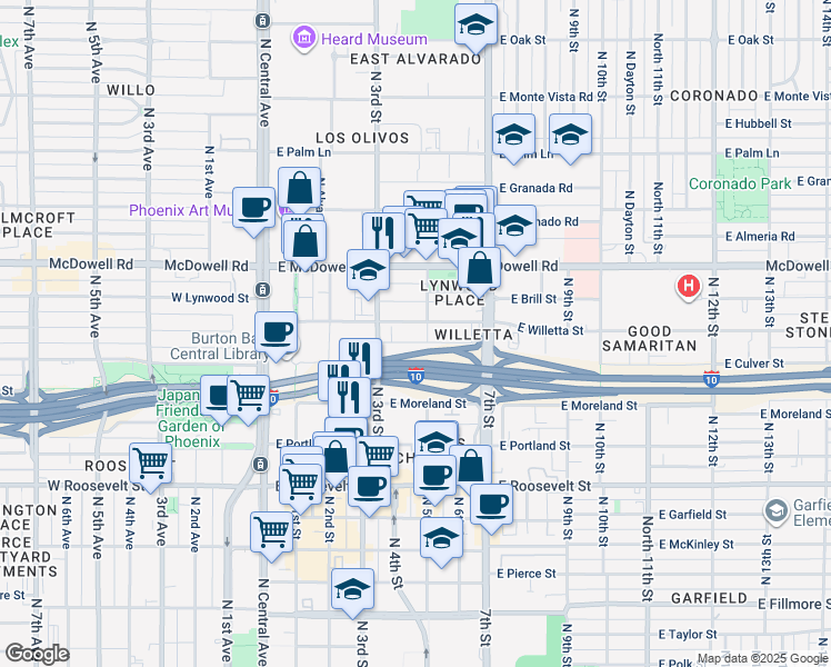 map of restaurants, bars, coffee shops, grocery stores, and more near 331 East Willetta Street in Phoenix