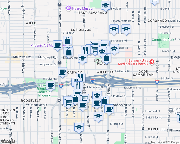 map of restaurants, bars, coffee shops, grocery stores, and more near 331 East Willetta Street in Phoenix