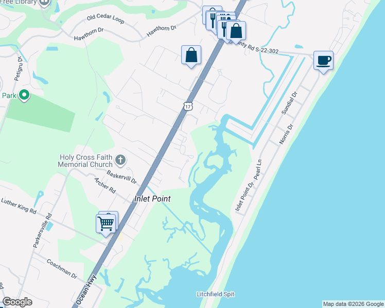 map of restaurants, bars, coffee shops, grocery stores, and more near 92 High Hammock Way in Pawleys Island