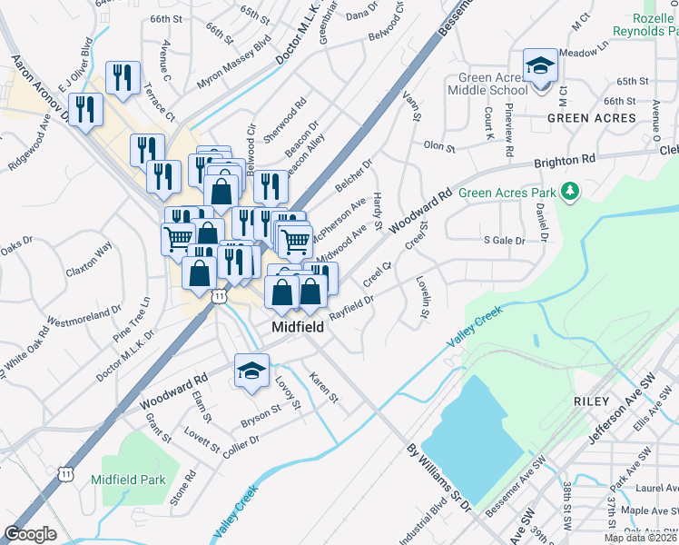 map of restaurants, bars, coffee shops, grocery stores, and more near 1404 Woodward Road in Birmingham