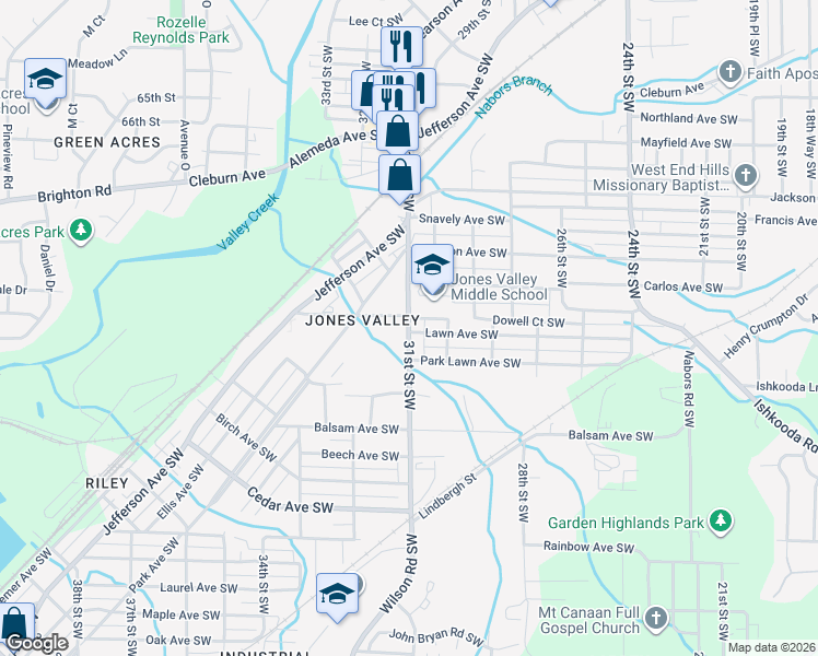 map of restaurants, bars, coffee shops, grocery stores, and more near 2110 31st Street Southwest in Birmingham