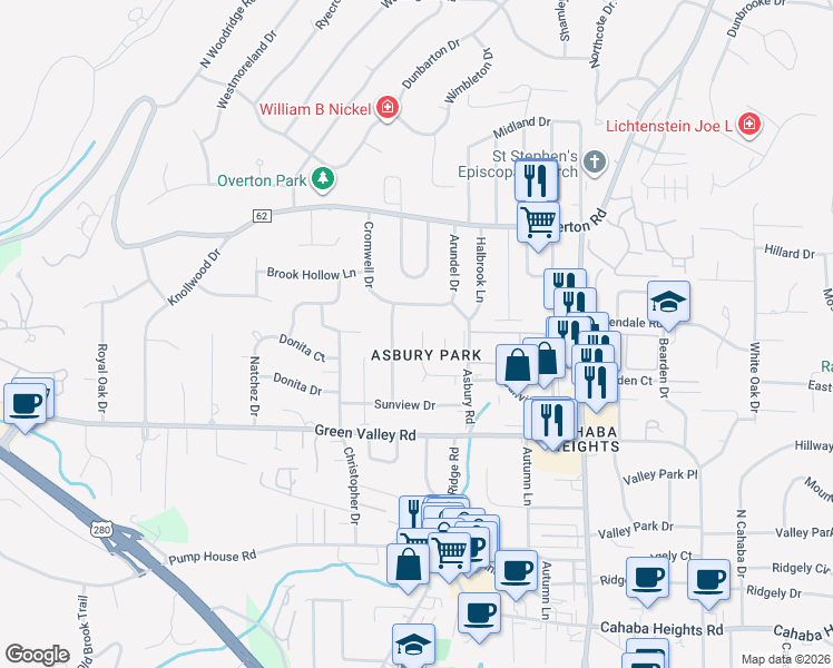 map of restaurants, bars, coffee shops, grocery stores, and more near 3009 Asbury Park Place in Vestavia Hills