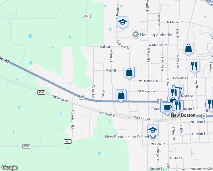 map of restaurants, bars, coffee shops, grocery stores, and more near 309 North Frost Street in New Boston