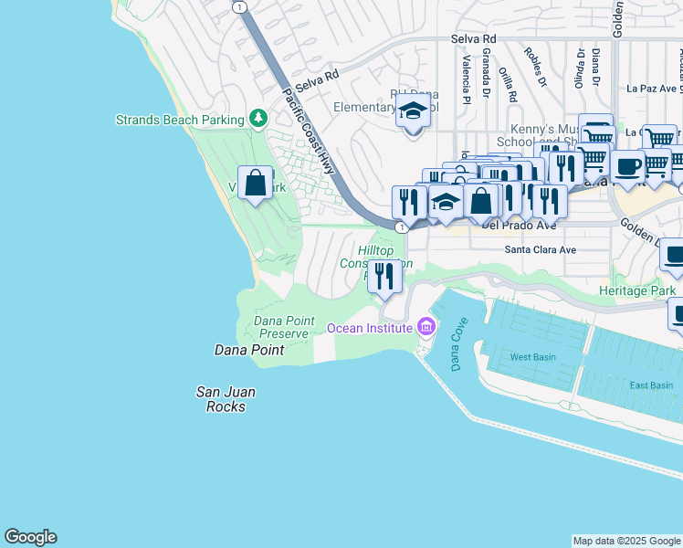 map of restaurants, bars, coffee shops, grocery stores, and more near 11 Pacific Ridge Place in Dana Point