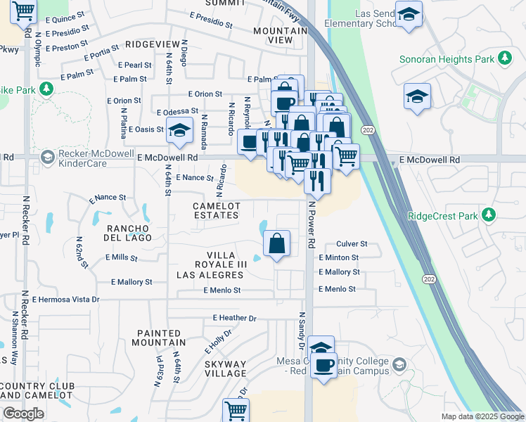 map of restaurants, bars, coffee shops, grocery stores, and more near 2634 North Sericin Circle in Mesa