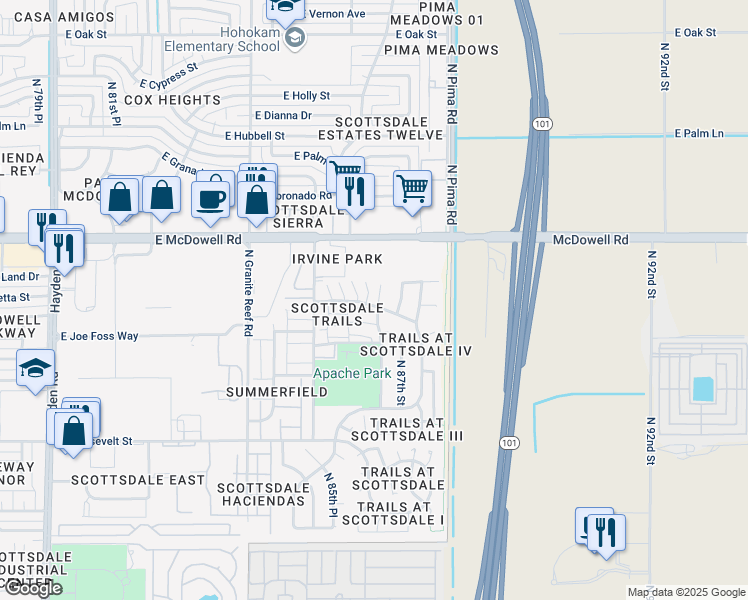 map of restaurants, bars, coffee shops, grocery stores, and more near 1306 North 86th Way in Scottsdale