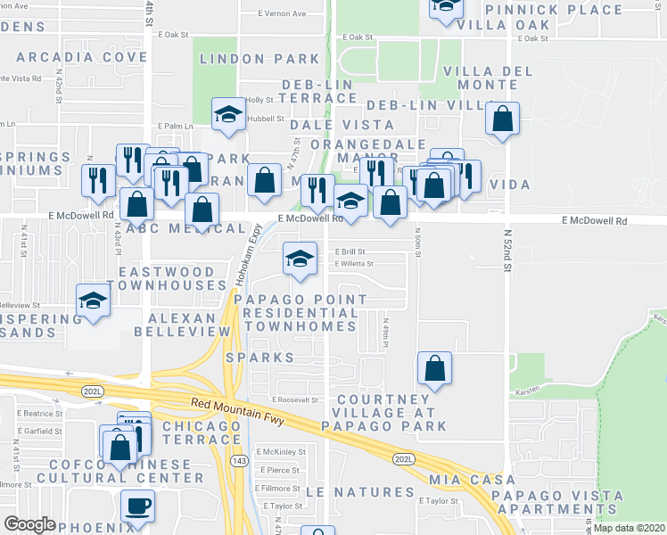 map of restaurants, bars, coffee shops, grocery stores, and more near 4802 East Willetta Street in Phoenix