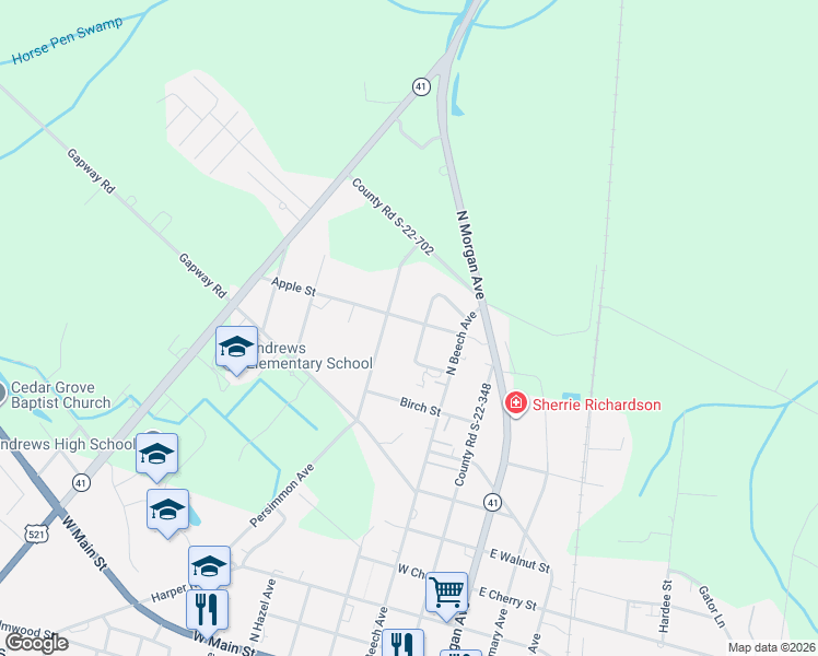 map of restaurants, bars, coffee shops, grocery stores, and more near 101 Apple Street in Andrews