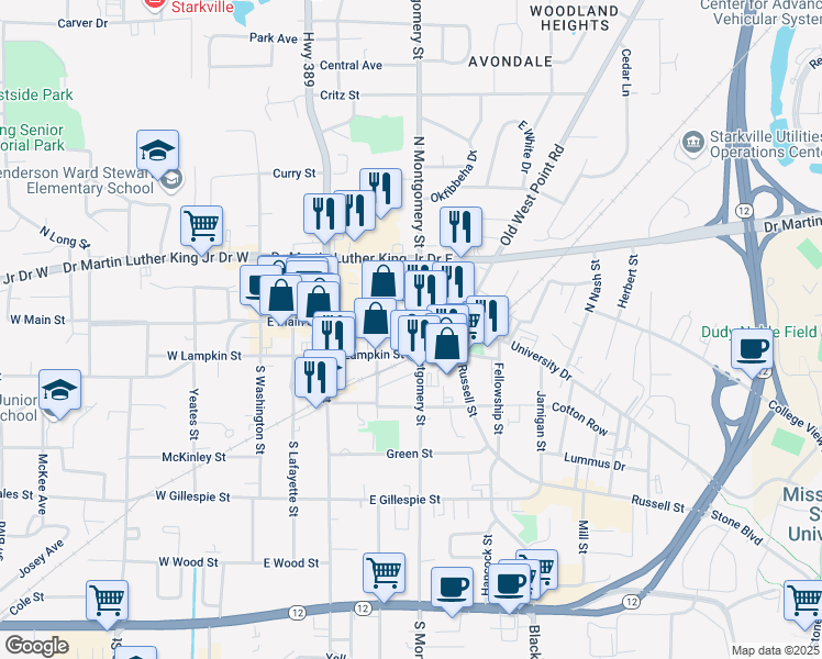 map of restaurants, bars, coffee shops, grocery stores, and more near 326 University Drive in Starkville