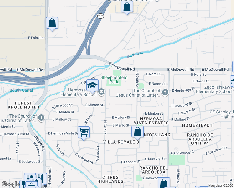 map of restaurants, bars, coffee shops, grocery stores, and more near Estates at Northridge in Mesa