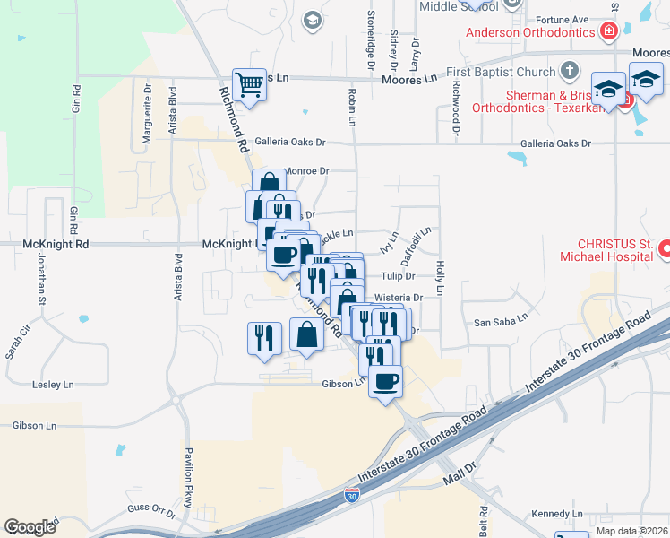 map of restaurants, bars, coffee shops, grocery stores, and more near 4016 Columbine Lane in Texarkana