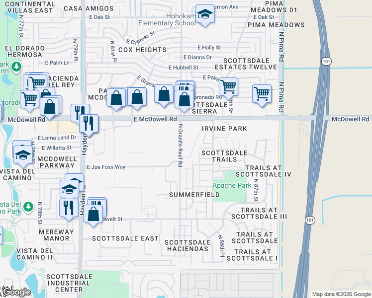 map of restaurants, bars, coffee shops, grocery stores, and more near 1401 North Granite Reef Road in Scottsdale