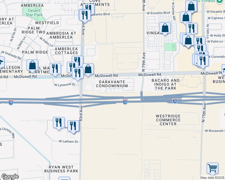 map of restaurants, bars, coffee shops, grocery stores, and more near 1414 North 80th Lane in Phoenix