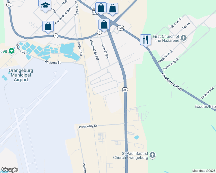 map of restaurants, bars, coffee shops, grocery stores, and more near 210 Banashee Circle in Orangeburg