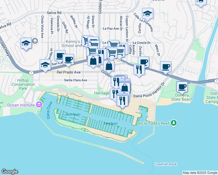 map of restaurants, bars, coffee shops, grocery stores, and more near 34372 Port Lantern in Dana Point