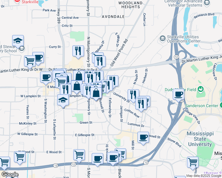 map of restaurants, bars, coffee shops, grocery stores, and more near 507 University Drive in Starkville