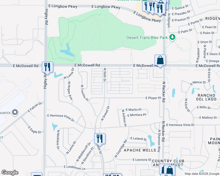 map of restaurants, bars, coffee shops, grocery stores, and more near 5735 East McDowell Road in Mesa