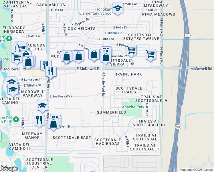 map of restaurants, bars, coffee shops, grocery stores, and more near 1401 North Granite Reef Road in Scottsdale