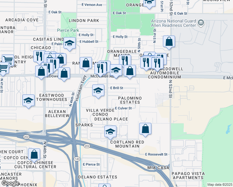 map of restaurants, bars, coffee shops, grocery stores, and more near 4838 East Willetta Street in Phoenix
