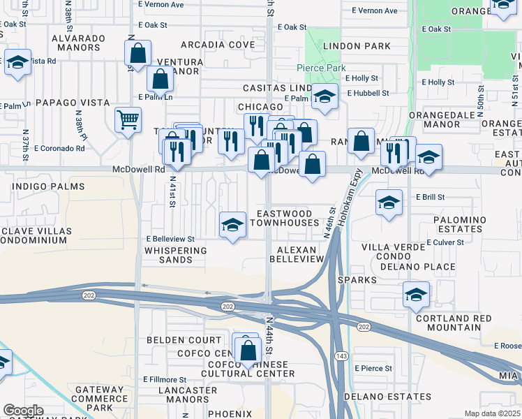 map of restaurants, bars, coffee shops, grocery stores, and more near 1421 North 44th Street in Phoenix