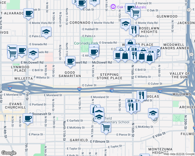 map of restaurants, bars, coffee shops, grocery stores, and more near in Phoenix