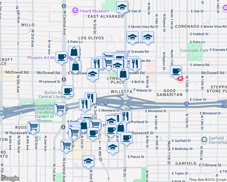 map of restaurants, bars, coffee shops, grocery stores, and more near 521 East Willetta Street in Phoenix