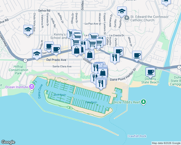 map of restaurants, bars, coffee shops, grocery stores, and more near 34372 Saint Of The Cove Lantern in Dana Point