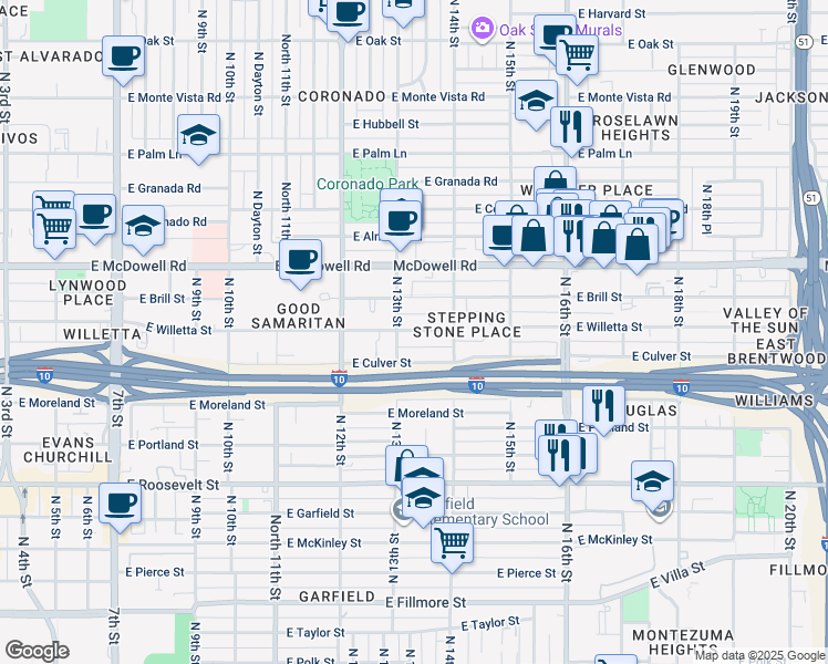 map of restaurants, bars, coffee shops, grocery stores, and more near in Phoenix