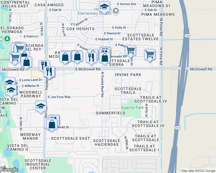 map of restaurants, bars, coffee shops, grocery stores, and more near 1401 North Granite Reef Road in Scottsdale