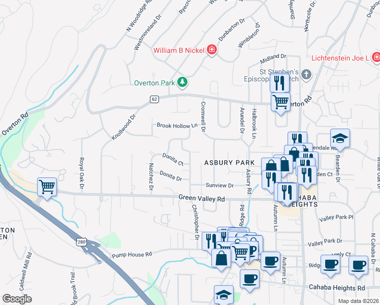 map of restaurants, bars, coffee shops, grocery stores, and more near 3171 Christopher Drive in Vestavia Hills