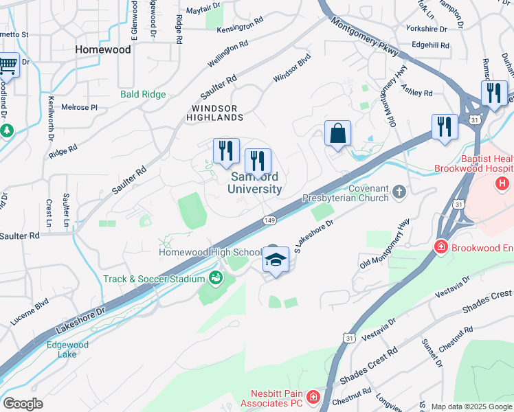 map of restaurants, bars, coffee shops, grocery stores, and more near Montague Drive in Homewood