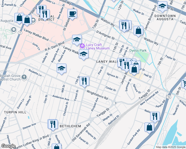 map of restaurants, bars, coffee shops, grocery stores, and more near 1248 12th St in Augusta