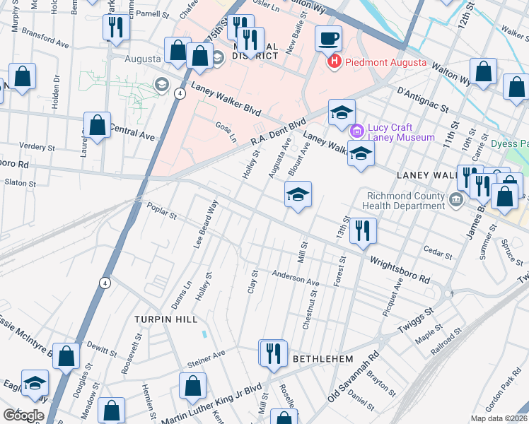 map of restaurants, bars, coffee shops, grocery stores, and more near 1367 Wrightsboro Road in Augusta