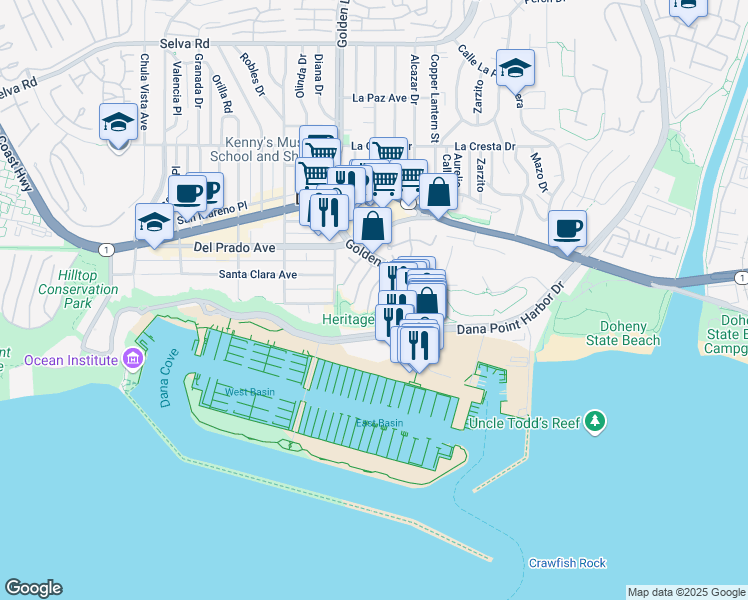 map of restaurants, bars, coffee shops, grocery stores, and more near 34372 Port Lantern in Dana Point