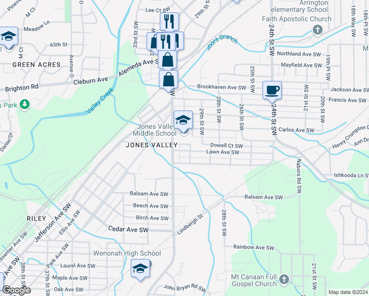 map of restaurants, bars, coffee shops, grocery stores, and more near 3008 Lawn Avenue Southwest in Birmingham