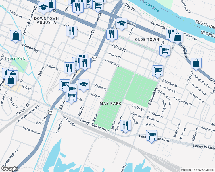map of restaurants, bars, coffee shops, grocery stores, and more near 313 Taylor Street in Augusta