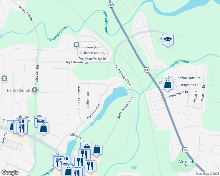 map of restaurants, bars, coffee shops, grocery stores, and more near 467 Waterfront Drive in McDonough