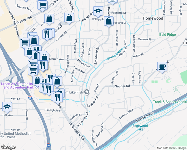 map of restaurants, bars, coffee shops, grocery stores, and more near 570 South Forrest Drive in Birmingham