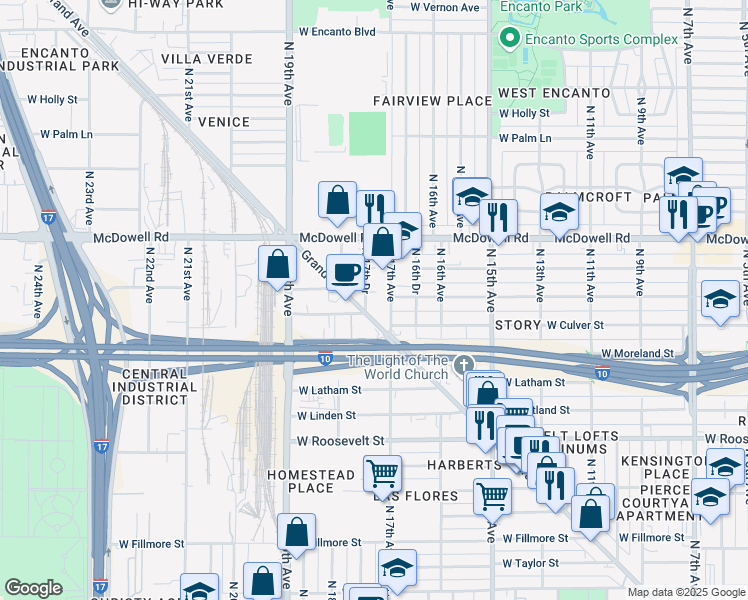 map of restaurants, bars, coffee shops, grocery stores, and more near 1407 North 17th Drive in Phoenix