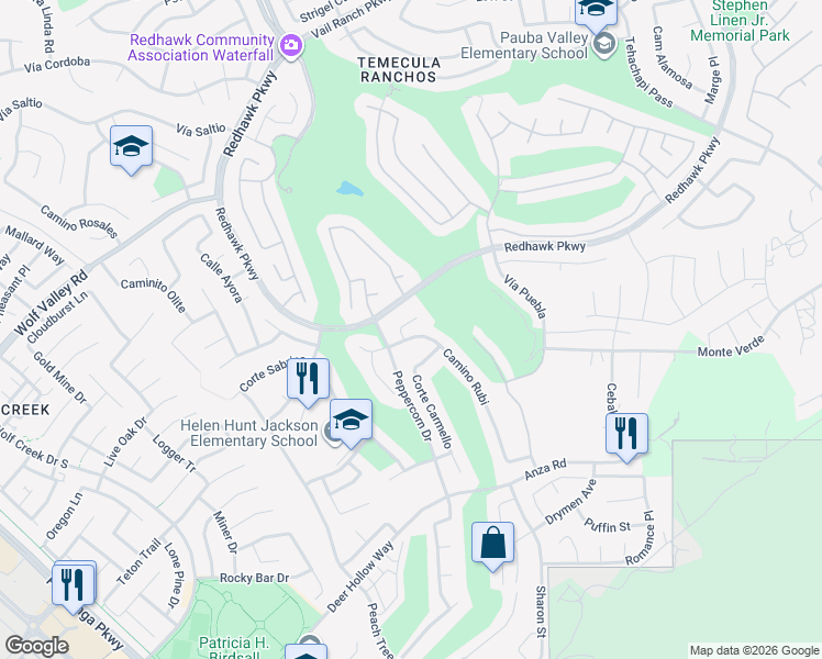 map of restaurants, bars, coffee shops, grocery stores, and more near 45640 Corte Royal in Temecula