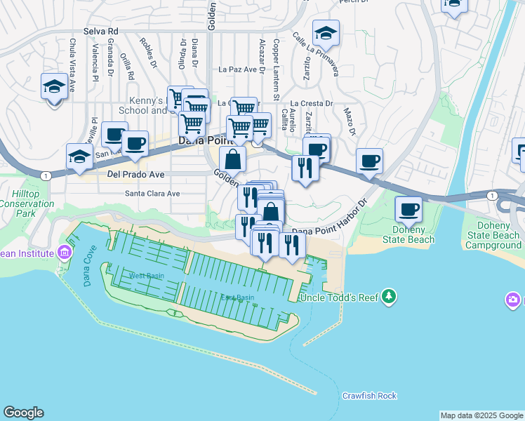 map of restaurants, bars, coffee shops, grocery stores, and more near 24941 Dana Point Harbor Drive in Dana Point