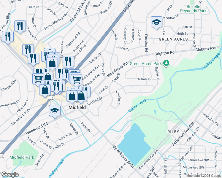 map of restaurants, bars, coffee shops, grocery stores, and more near 1357 Creel Street in Midfield