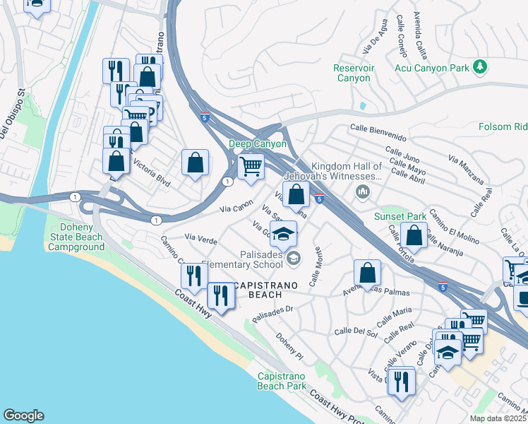map of restaurants, bars, coffee shops, grocery stores, and more near 26372 Via California in Dana Point