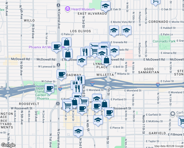 map of restaurants, bars, coffee shops, grocery stores, and more near 331 East Willetta Street in Phoenix
