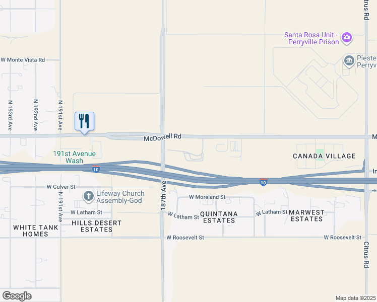map of restaurants, bars, coffee shops, grocery stores, and more near 18605 West McDowell Road in Goodyear
