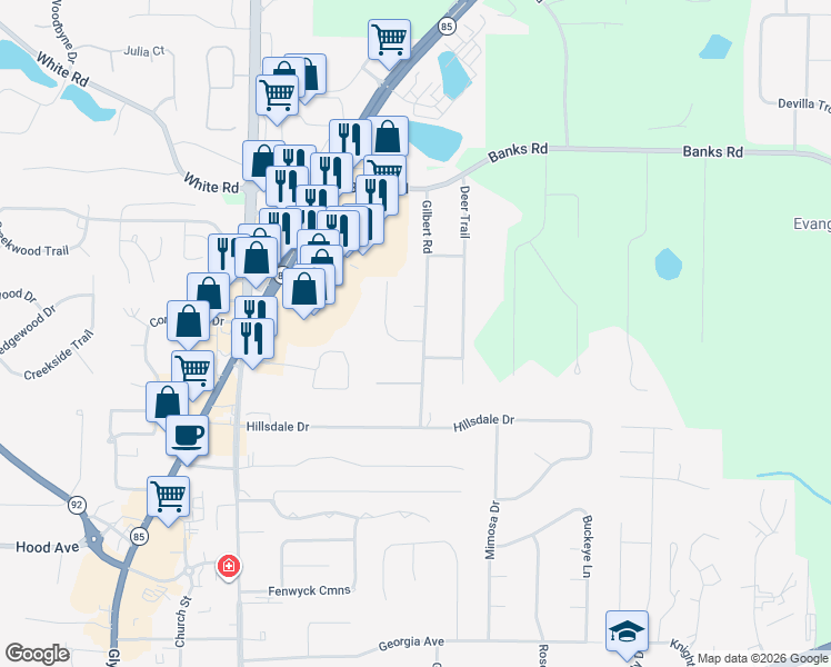 map of restaurants, bars, coffee shops, grocery stores, and more near 95 Dogwood Drive in Fayetteville