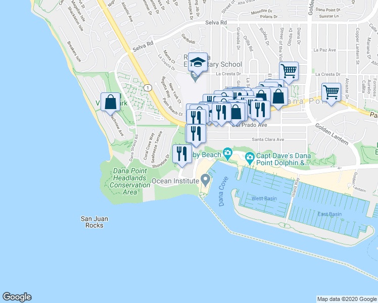 map of restaurants, bars, coffee shops, grocery stores, and more near 34331 Street of the Green Lantern in Dana Point